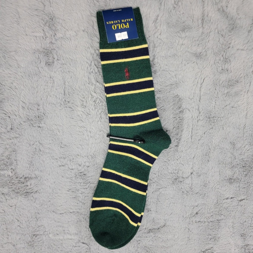 Polo Ralph Lauren Wool Socks Mens 10-13 Green Rugby Stripe Dress Mid Calf Japan